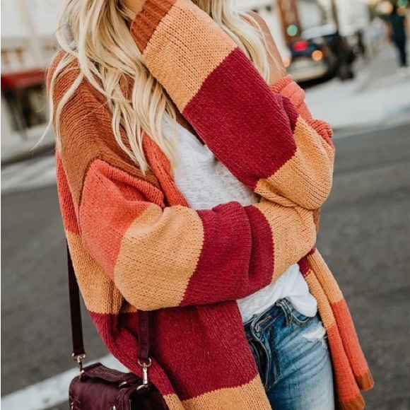 Autumn Colorblock boho Stripes Knit Open Front Cardigan Casual stripes - Picture 6 of 13